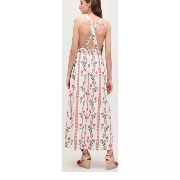 Hill House Addie Dress Red Shell Vine Stripe Cotton Sateen M Apron NWT - Picture 4 of 15